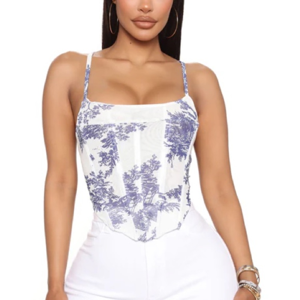 Fashion Nova White and Blue Floral Top
